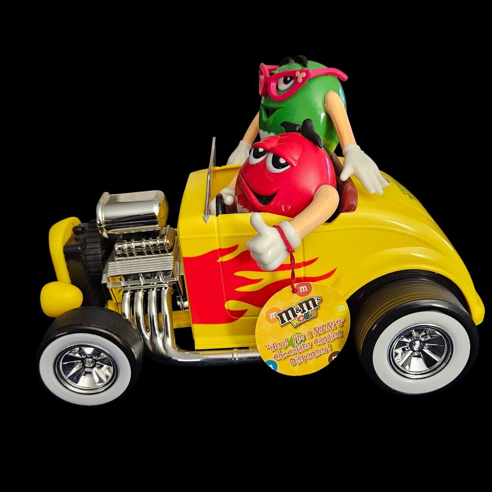 M&M’s Hot Rod Car Candy Dispenser Red & Green Characters Classic Yellow Flames